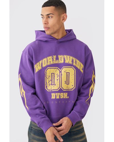 BoohooMAN Oversized Boxy Worldwide Varsity Hoodie - Purple