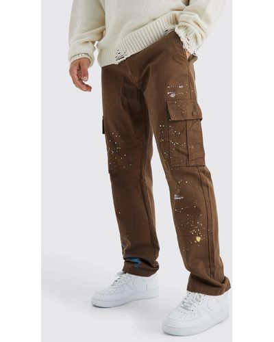 BoohooMAN Straight Leg Cargo All Over Paint Splatter Trouser - Brown