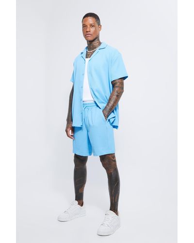 BoohooMAN Pleated Oversized Shirt And Short Set - Blue