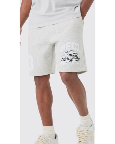 BoohooMAN Relaxed Mid Length Ofcl Racing Marl Shorts - White