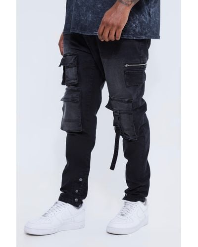 BoohooMAN Plus Skinny Stretch Multi Pocket Cargo Jeans - Blue