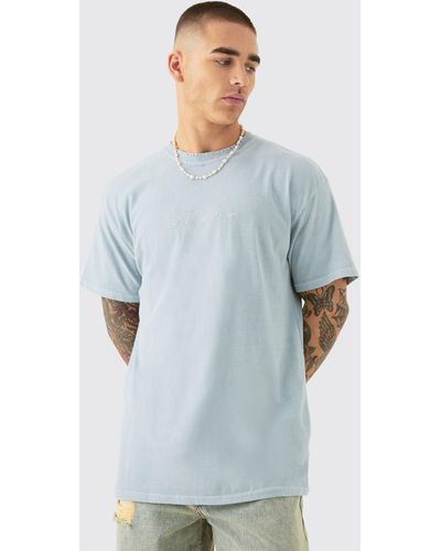BoohooMAN Oversized Distressed Neck Embroidered T-shirt - Blue