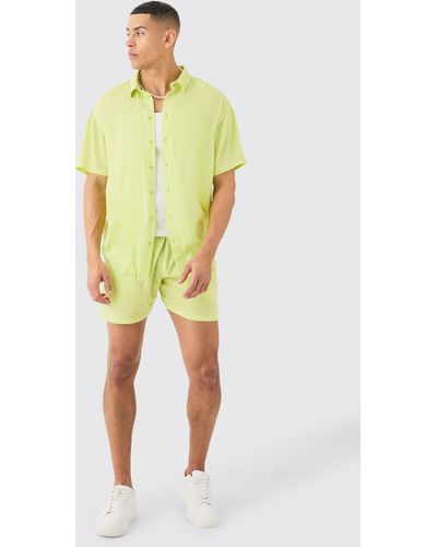 BoohooMAN Oversized Short Sleeve Cheese Cloth Shirt And Short Set - Gelb