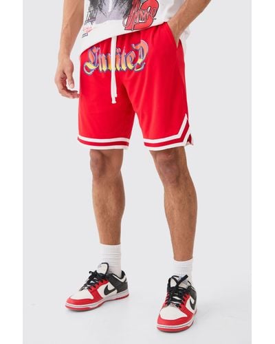 BoohooMAN Loose Fit Limited Applique Mesh Basketball Short - Red