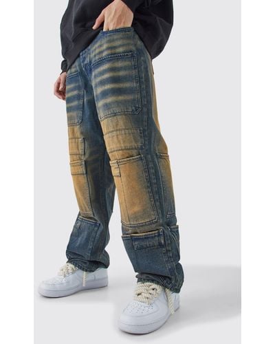BoohooMAN Lockere Cargo-Jeans mit Taschen - Blau