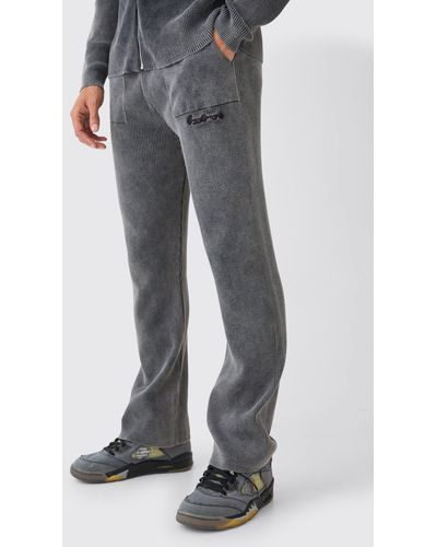 BoohooMAN Relaxed Fit Acid Wash Ribbed Knitted Joggers - Grau