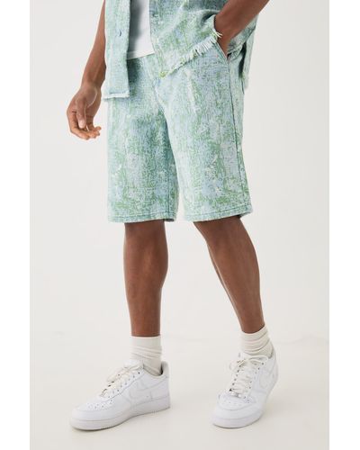 BoohooMAN Denim Tapestry Relaxed Shorts - Green