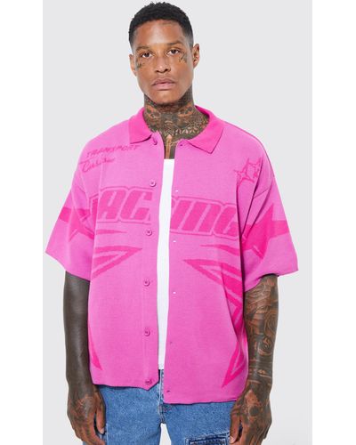 BoohooMAN Boxy Fit Knitted Moto Shirt - Pink