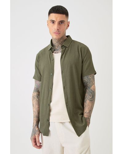 BoohooMAN Tall Short Sleeve Regular Textured Shirt In Khaki - Green