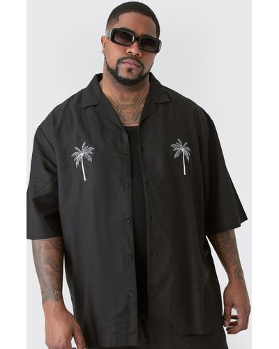 BoohooMAN Plus Linen Embroidered Drop Revere Shirt In Black - Schwarz