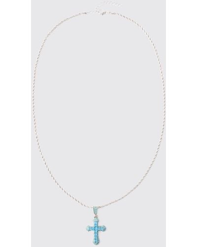 BoohooMAN Iced Cross Pendant Necklace In Blue - White