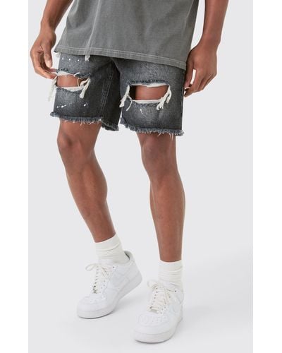 Boohoo Slim Rigid Ripped Paint Splatter Denim Shorts In Grey - Black