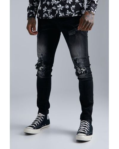 BoohooMAN Skinny Rip & Repair Floral Jeans - Black