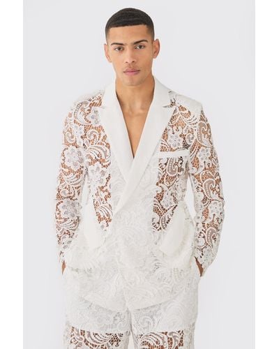 BoohooMAN Relaxed Fit Double Breasted Lace Blazer - Natural