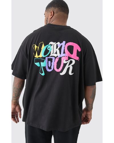 BoohooMAN Plus Oversized World Tour Puff Print T-shirt In Black - Grey