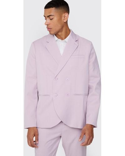 BoohooMAN Textured Double Breasted Suit Jacket - Purple