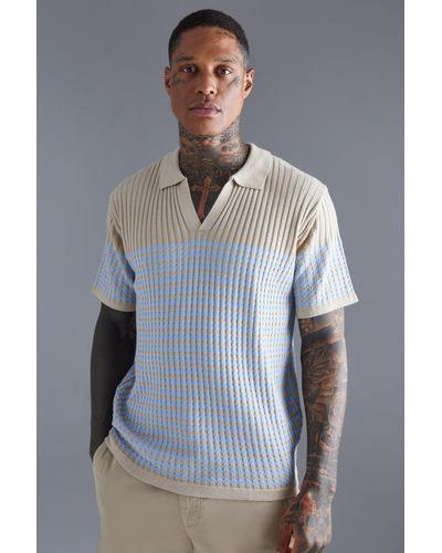 BoohooMAN V Neck Striped Knitted Polo - Blue