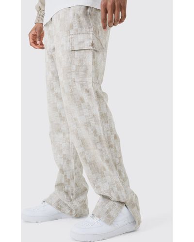 BoohooMAN Tall Elasticated Waist Split Hem Texture Cargo Trouser - White