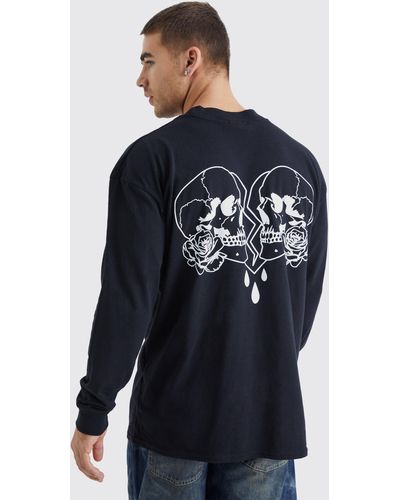 BoohooMAN Oversized Long Sleeve Skull Graphic T-shirt - Blue