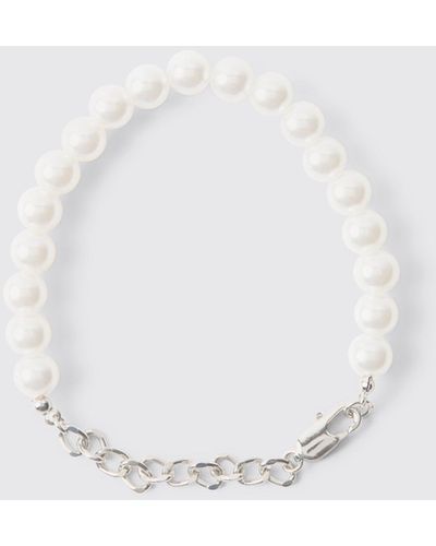 BoohooMAN Pearl And Chain Metal Bracelet In Silver - Weiß