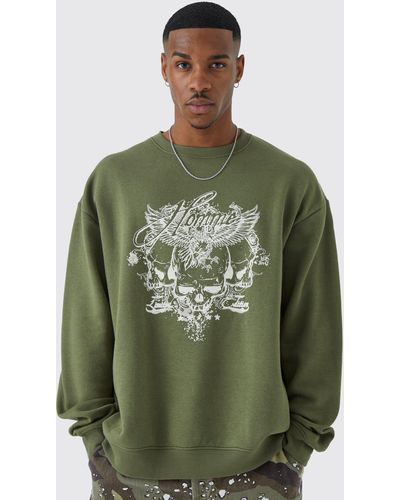 BoohooMAN Oversized Vintage Skull Graphic Sweatshirt - Green