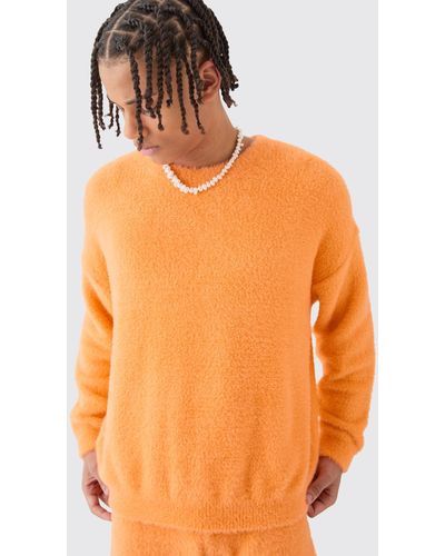 BoohooMAN Fluffy Boxy Jumper In Orange