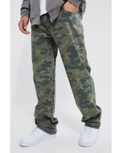 BoohooMAN Fixed Waist Relaxed Washed Camo Trouser - Green