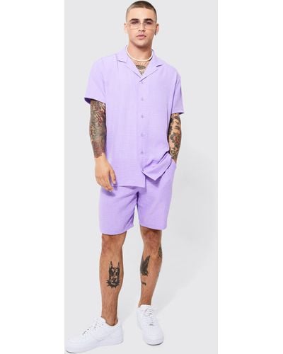 Boohoo Oversized Linen Shirt And Short Set - Purple