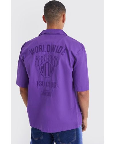 BoohooMAN Dropped Revere Poplin Worldwide Club Shirt - Purple