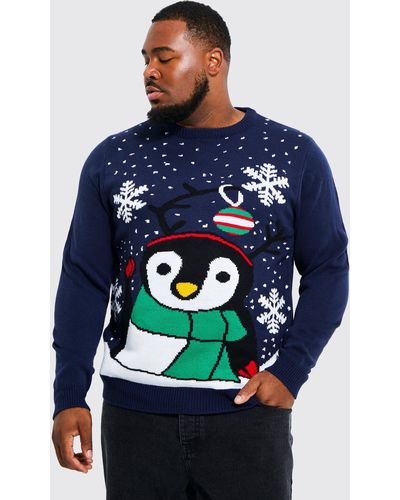 Boohoo Plus Novelty Penguin Christmas Jumper - Blue