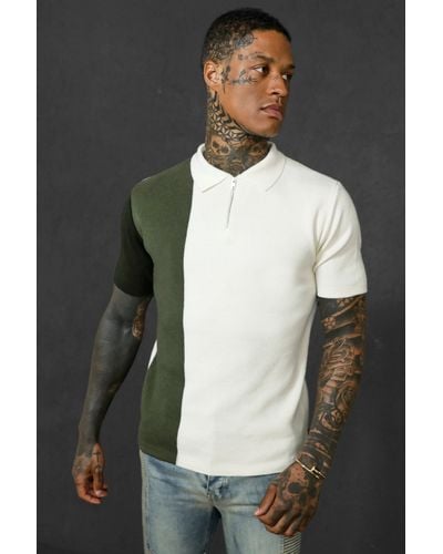 BoohooMAN Kurzärmliges Colorblock Strick-Poloshirt mit halbem Reißverschluss - Grau