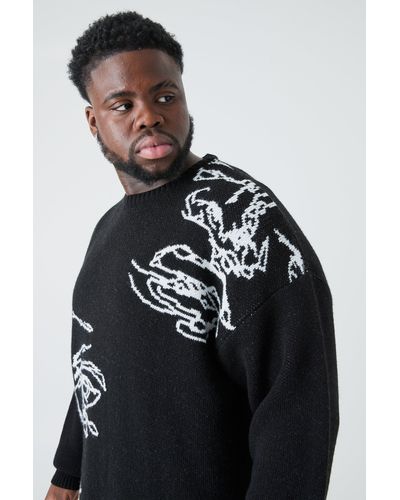 BoohooMAN Plus Oversized Knitted Line Drawing Drop Shoulder Sweater - Black