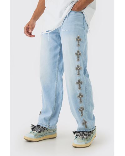 BoohooMAN Baggy Rigid Embellished Jeans In Ice Blue