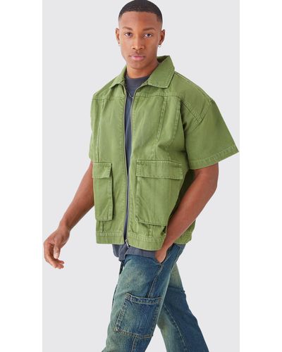 BoohooMAN Short Sleeve Twill 3d Pocket Shirt - Green