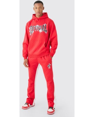 BoohooMAN Regular Fit All Over Rhinestone Ofiicial Tracksuit - Red