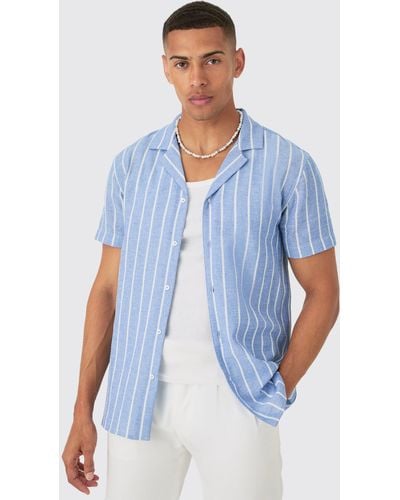 BoohooMAN Short Sleeve Crinkle Pinstripe Shirt - Blue