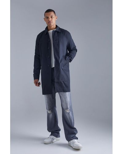 BoohooMAN Tall Single Breasted Poly Twill Mac - Blue