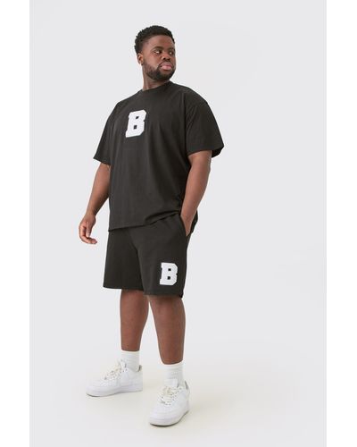 BoohooMAN Plus Oversized Extended Neck Applique T-shirt & Short Set - Black