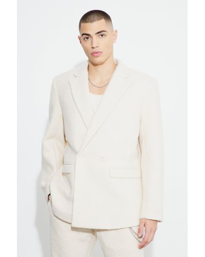 BoohooMAN Relaxed Fit Double Breasted Boucle Blazer - White