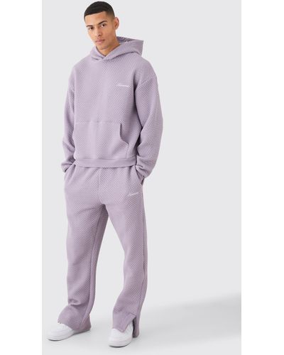 BoohooMAN Oversized Boxy Jacquard Quilted Embroided Hooded Tracksuit - Purple