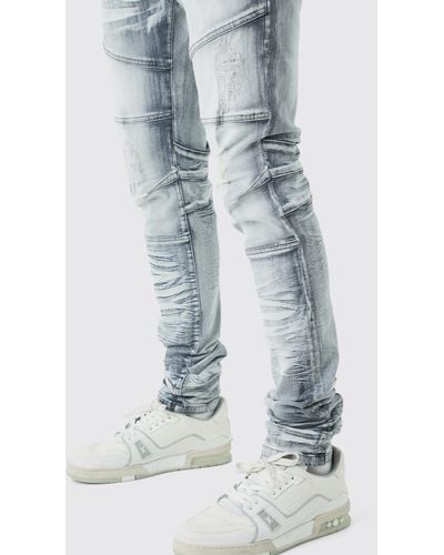 BoohooMAN Tall Skinny Stretch Heavy Bleached Ripped Jean - Blue