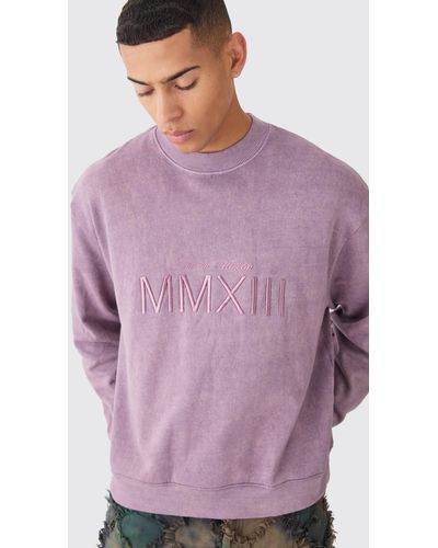 BoohooMAN Oversized Extended Neck Acid Wash Embroidered Sweatshirt - Purple