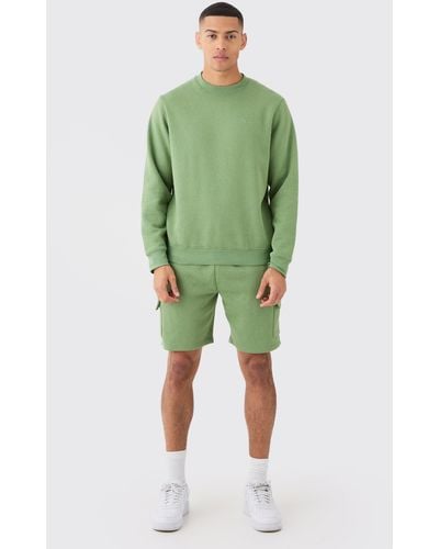 BoohooMAN Man Signature Extended Neck Cargo Sweat Short Tracksuit - Green