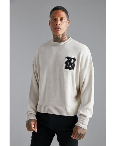 BoohooMAN Distressed B Boxy Ribbed Sweater - Gray