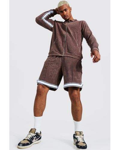 BoohooMAN Man Towelling Zip Through Shorts Tracksuit - Brown
