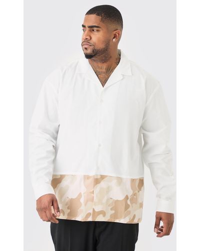 BoohooMAN Plus Longsleeve Drop Revere Poplin Camouflage Print Shirt - White