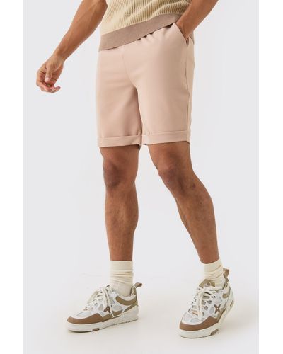 BoohooMAN Elasticated Waist Turn Up Stretch Slim Fit Shorts - Natural