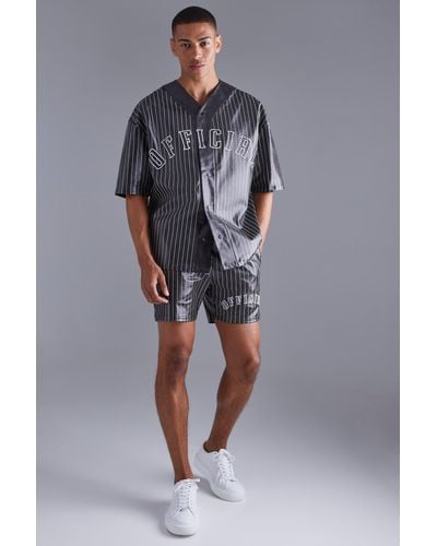 Boohoo Short Sleeve Oversized Pu Baseball Shirt & Short Set - Blue