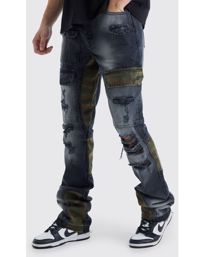 BoohooMAN Tall Slim Rigid Flare Camo Repair Cargo Jeans - Blue