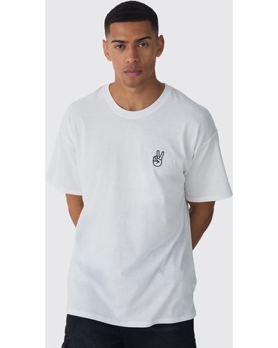 BoohooMAN Oversized Peace Embroidered T-shirt - Weiß